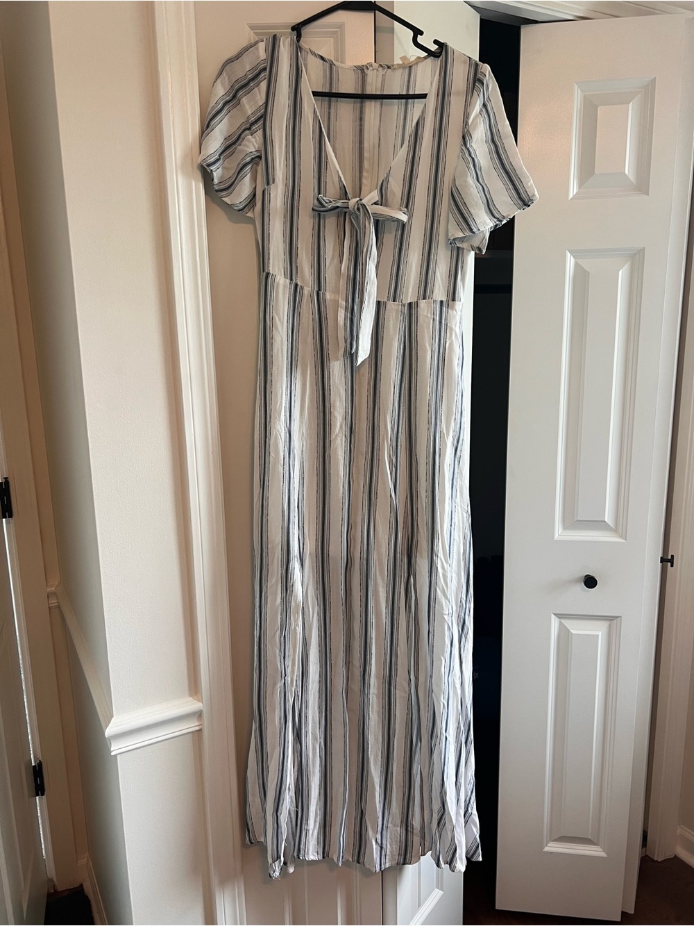 Striped Tie-Front Maxi Dress in White and Blue